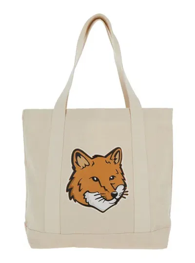 Maison Kitsuné White Tote Bag With Fox Head Patch In Cotton Canvas Woman