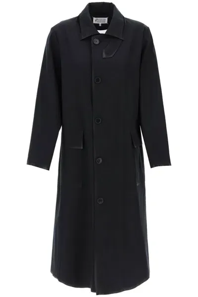 Maison Margiela Cotton Coat With Laminated Trim Details In Black