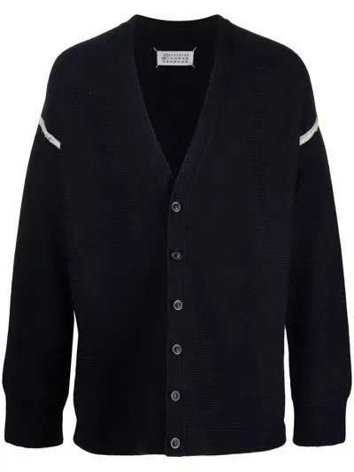 Maison Margiela Elbow-patch V-neck Cardigan In Blue