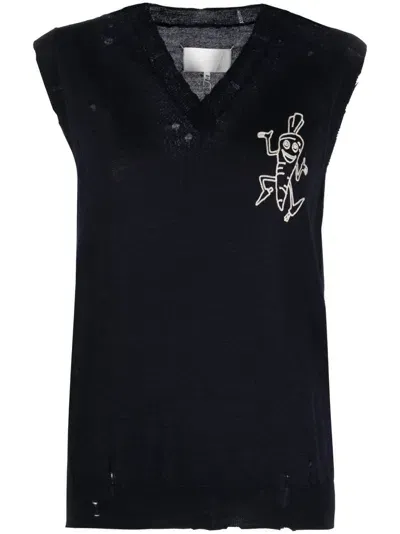 Maison Margiela Embroidered Wool Vest In Black