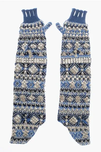 Maison Margiela Knited Fingerless Warm Lenght Gloves With Studs In Blue