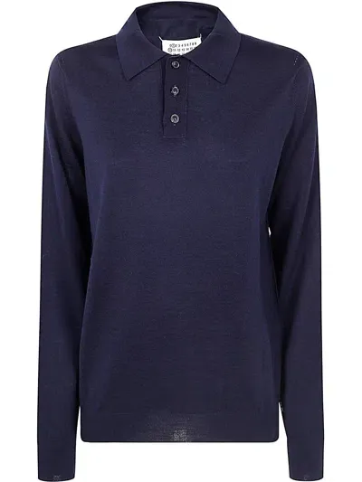 Maison Margiela Long-sleeved Knitted Polo Shirt In Blue