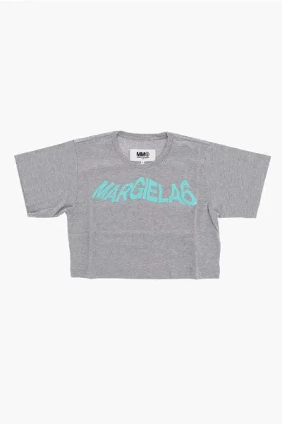 Maison Margiela Babies' Mm6 Crew-neck Cropped T-shirt With Printed Logo In Neutral