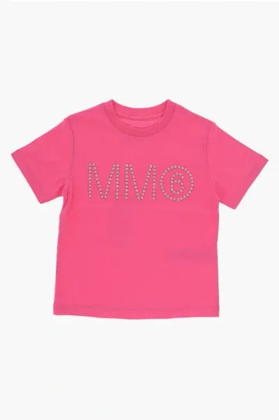 Maison Margiela Kids' Mm6 Solid Color Crew-neck T-shirt With Studs In Pink