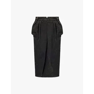 Maison Margiela Womens Black Paint-splatter Draped-side Denim Midi Skirt