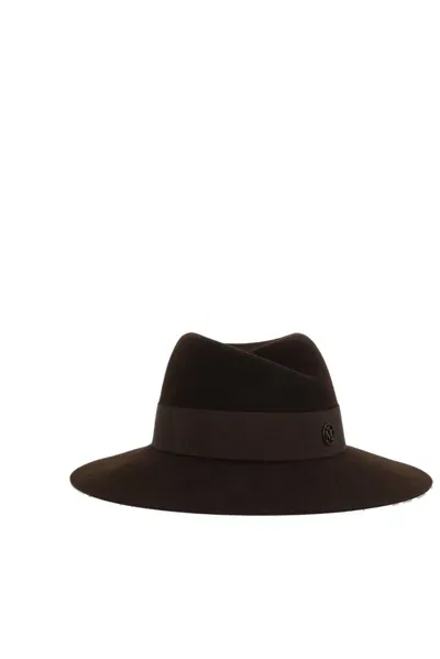 Maison Michel Virginie Logo Plaque Flat Brim Fedora In Brown