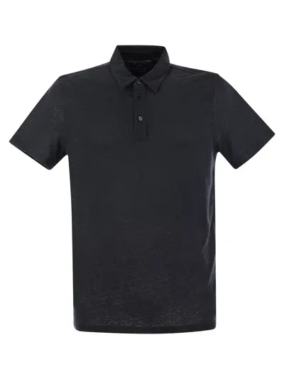 Majestic Linen Short-sleeved Polo Shirt In Blue Marine