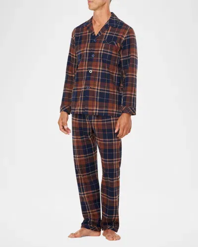 Majestic Men's Flannel Long Pajama Set In Navy/brown