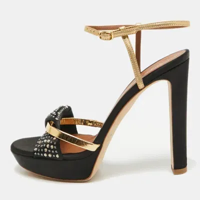 Pre-owned Malone Souliers Black/gold Satin And Leather Lauren Crystals Sandals Size 39