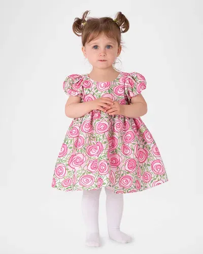 Mama Luma Kids' Girl's Rose-print Puff Sleeve Dress In Multicolor