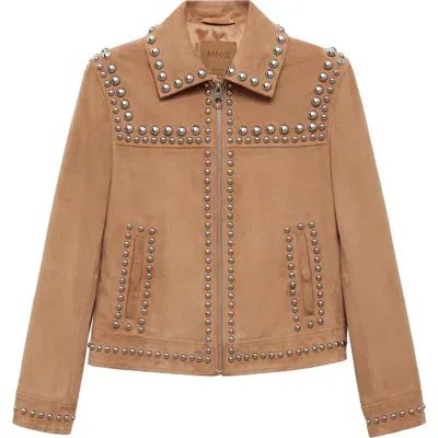 Mango Ashley Studded Leather Jacket In Beige