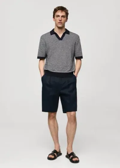 Mango 100% Linen Bermuda Shorts With Pleats Dark Navy