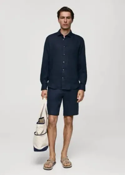 Mango Classic Fit 100% Linen Shirt Dark Navy