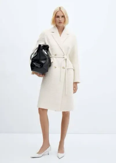 Mango Coat With Lapels And Belt Ecru