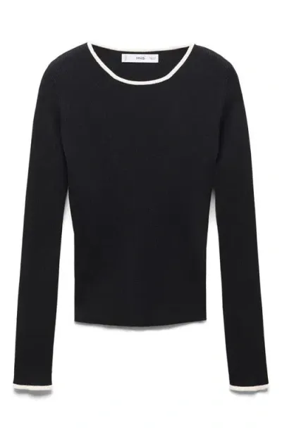 Mango Contrast Trim Fitted Rib Sweater In Black