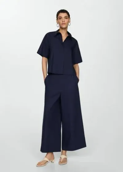 Mango Cotton Wideleg Trousers Dark Navy