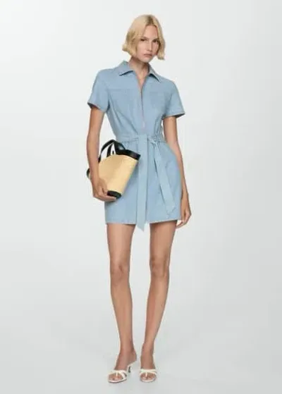 Mango Denim Dress With Belt Light Blue