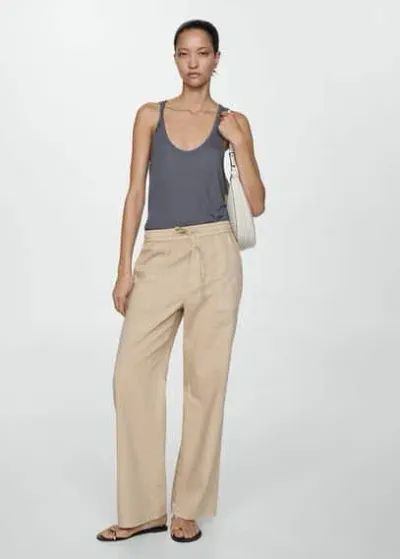 Mango Elastic Waist Cotton Trousers Sand