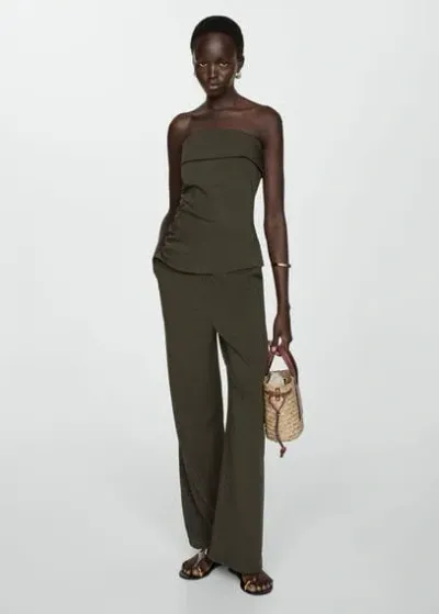 Mango Elastic-waist Straight Trousers Khaki