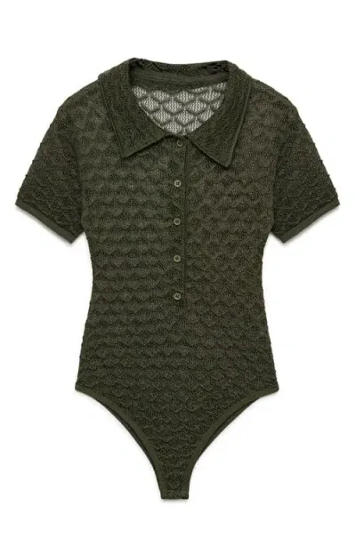 Mango Escamas Sheer Knit Polo Bodysuit In Green