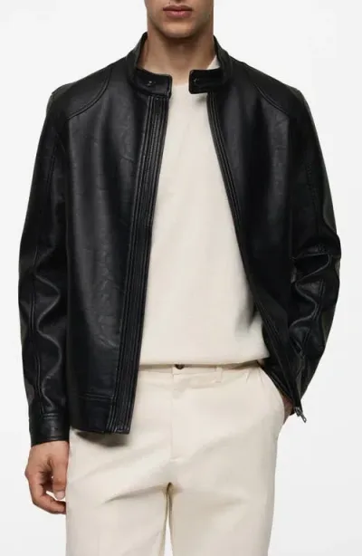 Mango Faux Leather Zip Jacket In Black