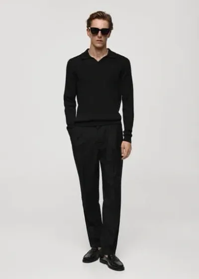 Mango Fine Rib-knit Polo Shirt Black In Noir