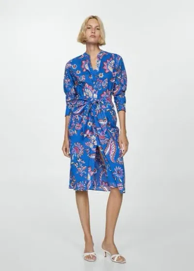 Mango Floral Print Dress With Bow Blue