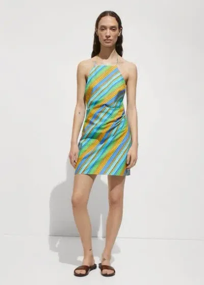 Mango Halter Dress With Striped Print Blue