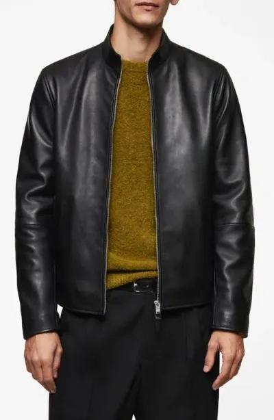 Mango Leather Biker Jacket In Black