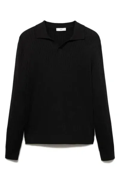 Mango Long Sleeve Rib Knit Polo Sweater In Black