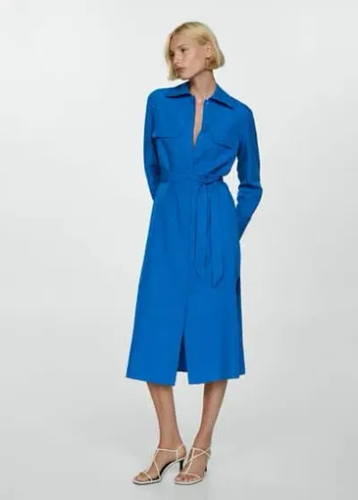 Mango Lyocell Shirt Dress With Bow Blue