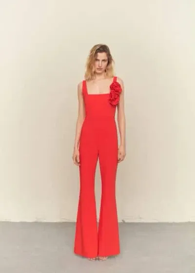 Mango Maxi Floral Flared Jumpsuit Red