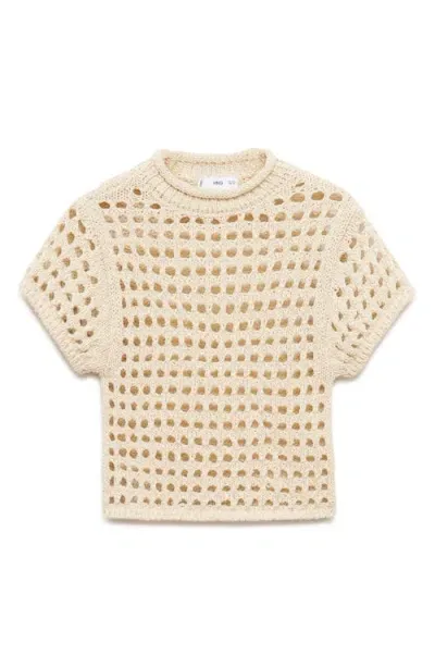 Mango Metallic Sheer Cotton Blend Open Stitch Crop Sweater In Beige