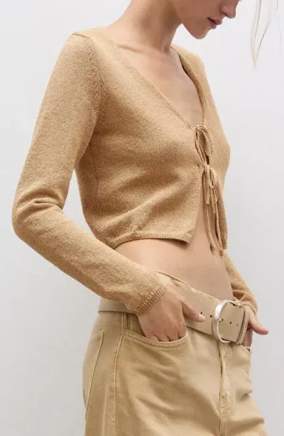 Mango Metallic Tie Front Cardigan In Gold