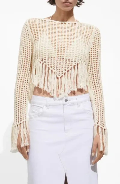 Mango Openwork Crop Fringe Sweater In Ecru