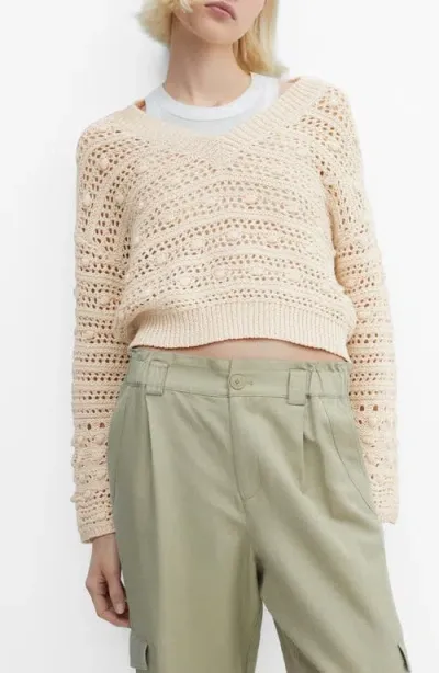 Mango Openwork Stitch V-neck Sweater In Light Beige