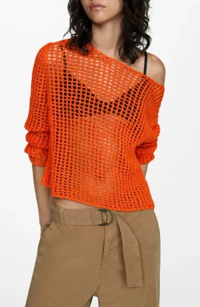 Mango Openwork Sweater In Orange