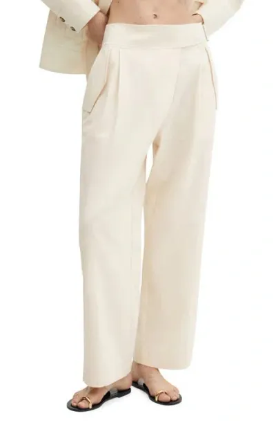 Mango Pleated Belted Cotton & Linen Wide Leg Pants In Natural Ivory