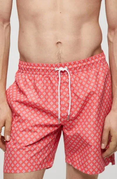 Mango Print Swim Trunks In Coral Red