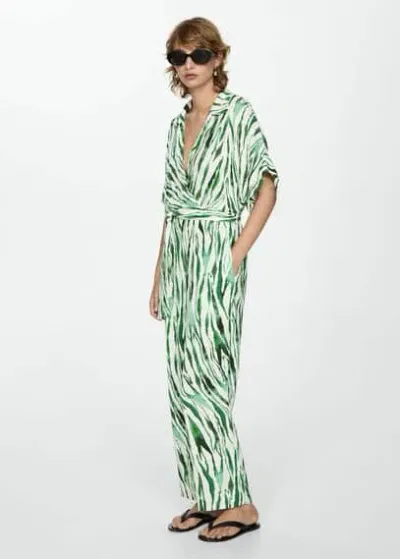 Mango Printed Jumpsuit With Bow Off White