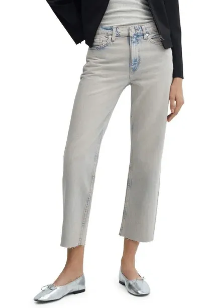 Mango Raw Hem Mid Rise Crop Straight Leg Jeans In Light Blue