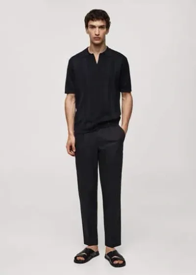 Mango Ribbed Knit Polo Shirt Dark Navy