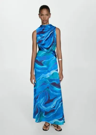 Mango Satin Printed Dress With Draped Neck Blue