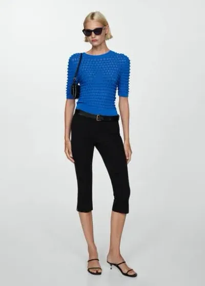 Mango Short Sleeve Textured Sweater Vibrant Blue