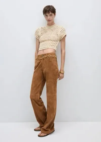 Mango Textured Wide Leg Pull-on Pants In Beige