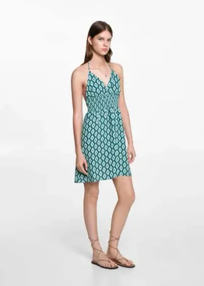 Mango Teen Printed Dress With Ruffled Detail Petrol Blue