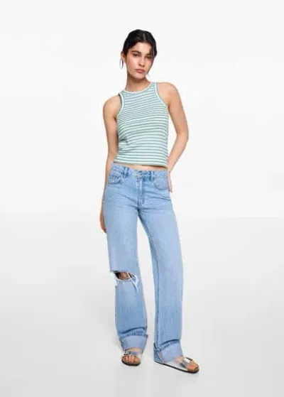 Mango Teen Ribbed Cotton-blend Top Mint Green