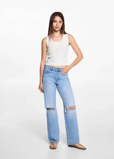 Mango Teen Ribbed Cotton-blend Top Off White