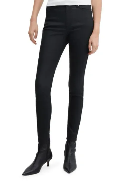 Mango Waxed High Waist Skinny Jeans In Black