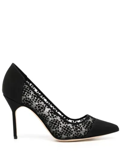 Manolo Blahnik 100mm Embellished Mesh Pump In Black